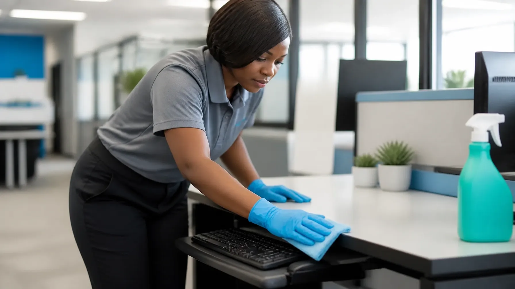 Professional cleaner disinfecting a shared office workstation and keyboard tray