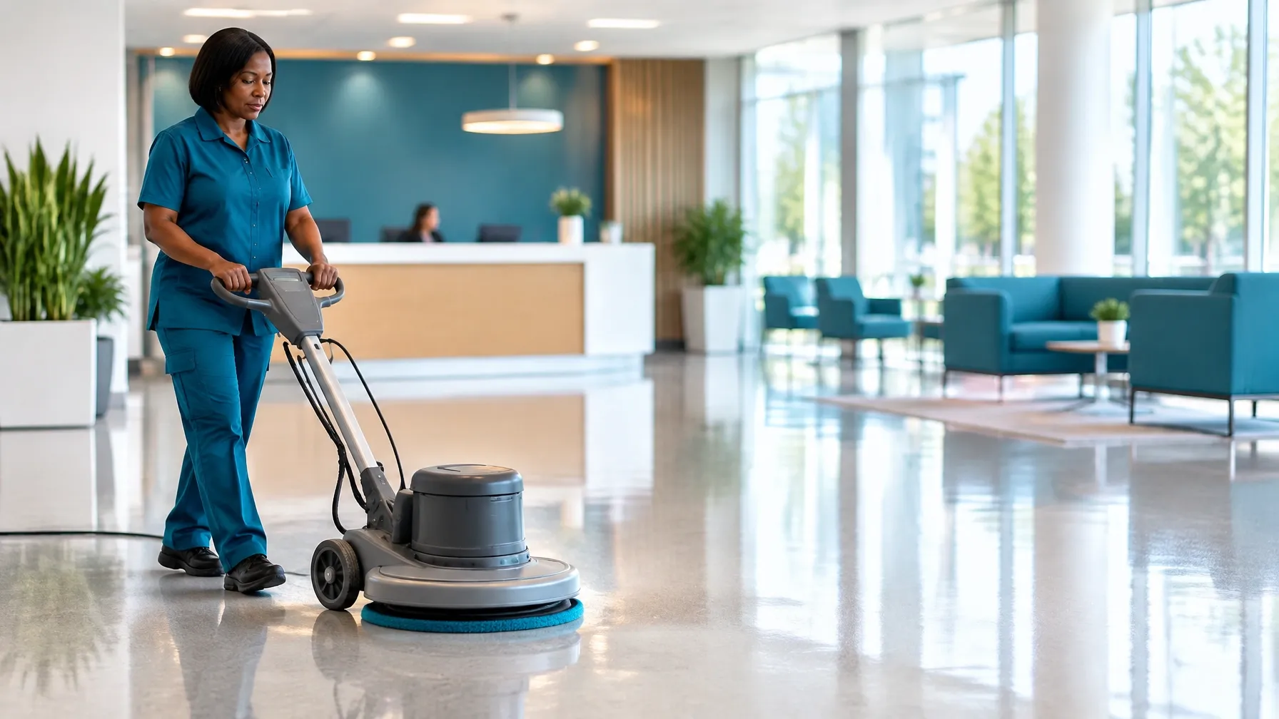 Professional floor care in a bright commercial office lobby
