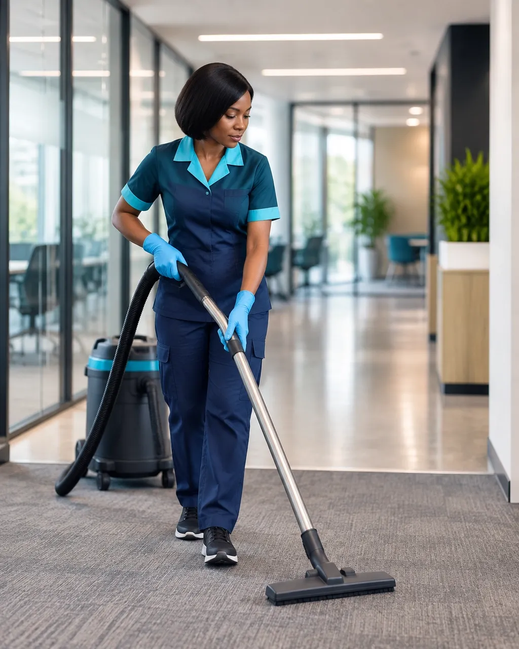 Clean office corridor receiving scheduled commercial floor care