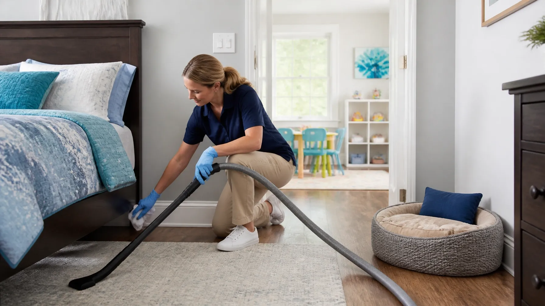 Professional cleaner vacuuming under a bed and cleaning baseboards in a bright bedroom and kids play area