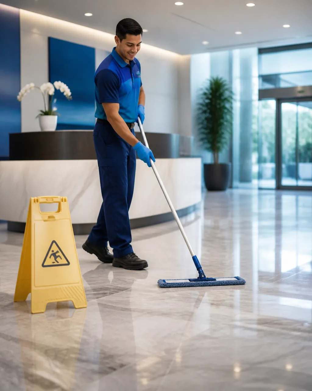 Cleaning specialist using a low-profile microfiber mop on polished flooring in an upscale office lobby