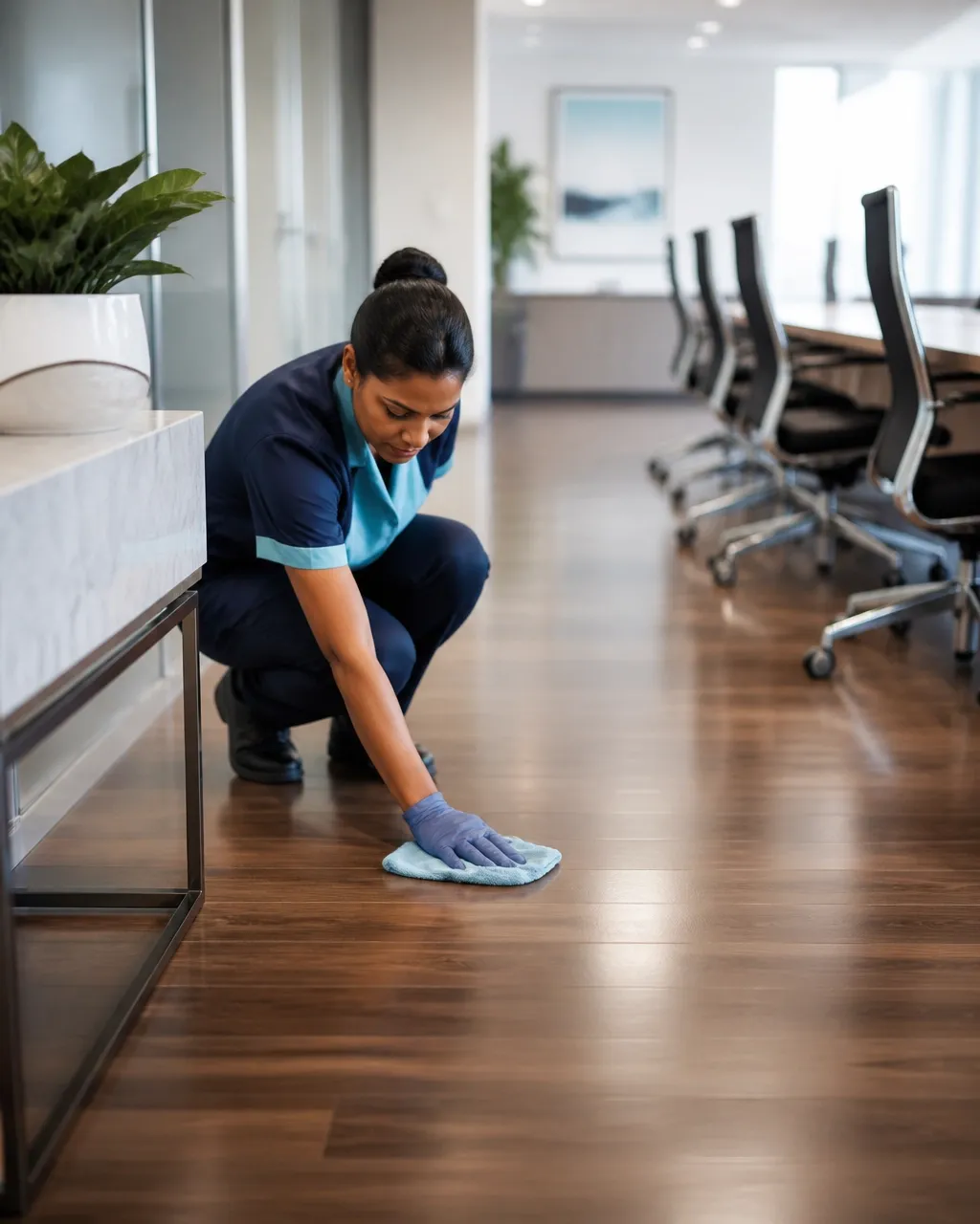 Professional technician performing careful microfiber floor care in a bright commercial conference room
