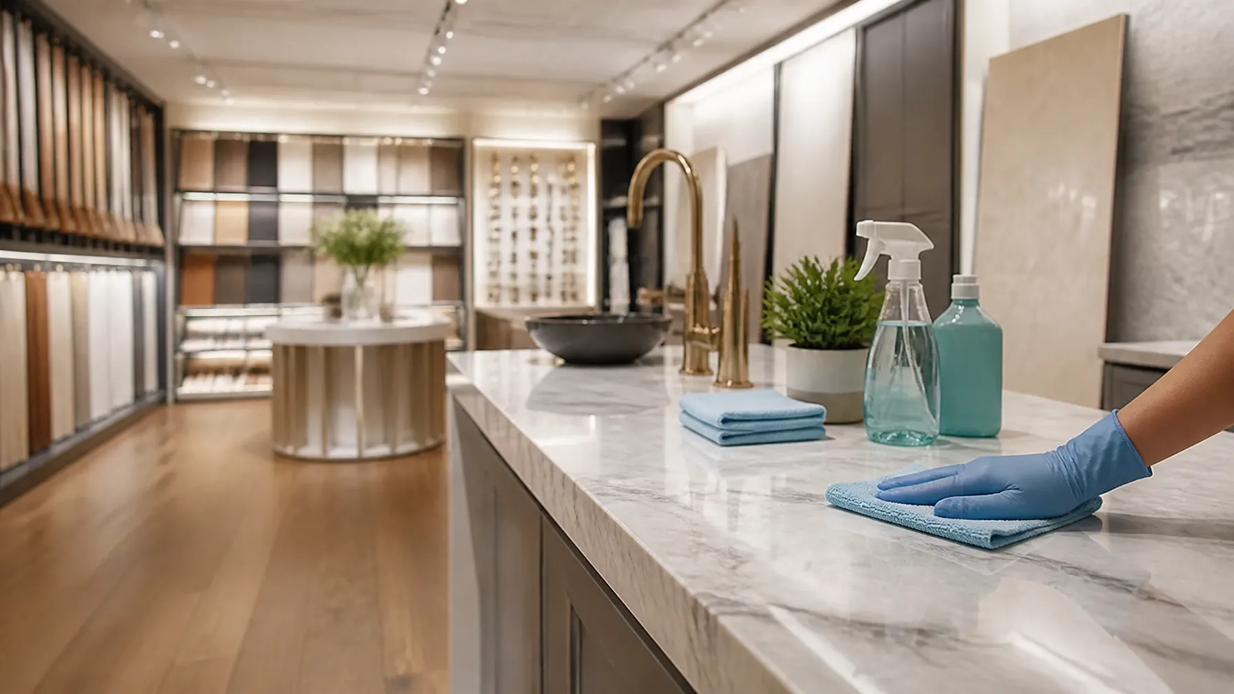Specialized surface-care supplies and luxury architectural materials arranged in a bright professional studio