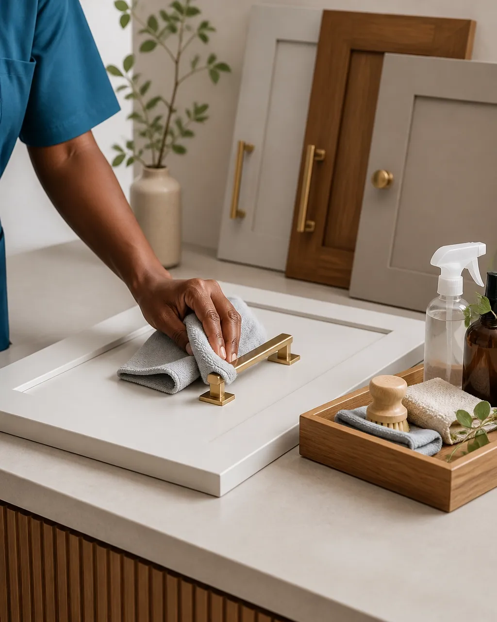 Artisan brass hardware and custom millwork being carefully wiped with a soft cloth