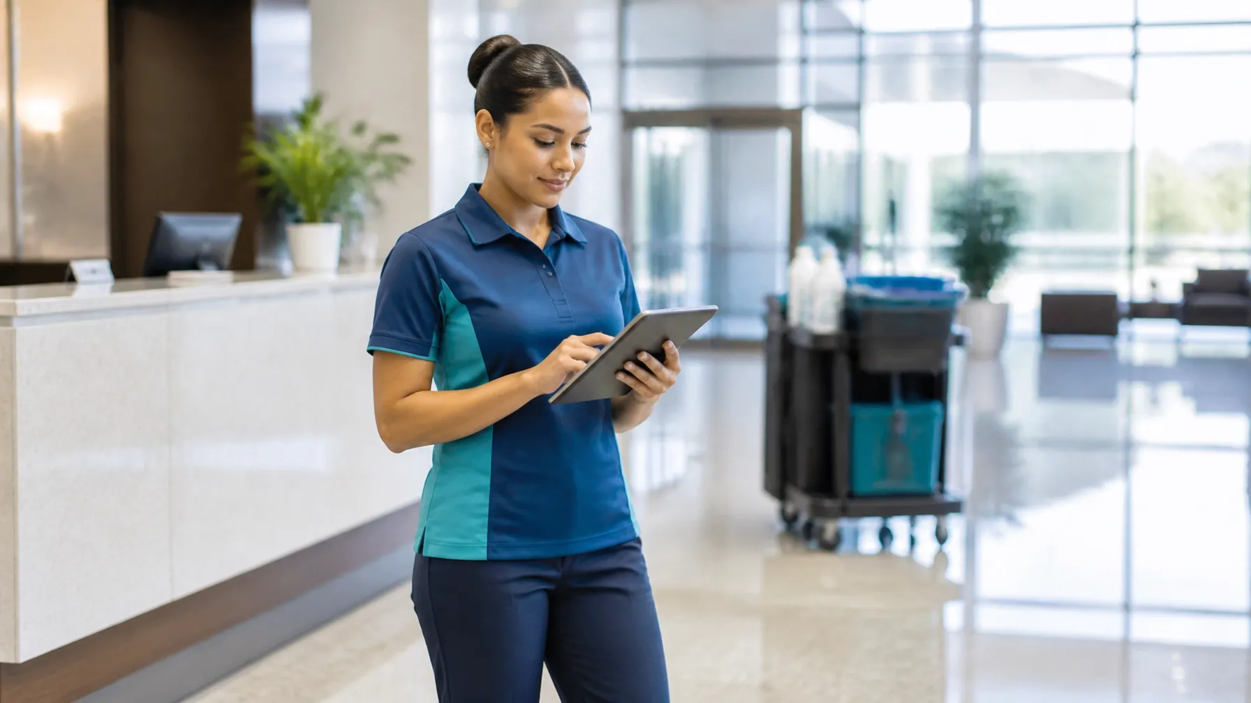 Cleaning professional completing a final checklist on a tablet in a spotless office reception area