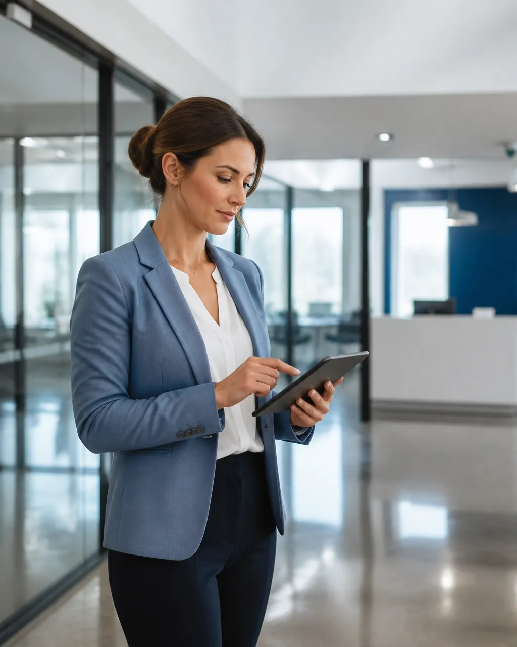 Property manager reviewing a digital turnover inspection checklist inside a clean commercial lobby