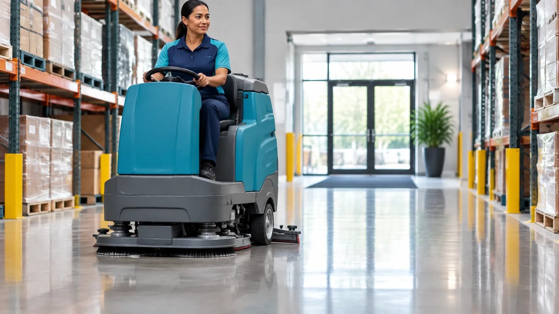 Scheduled floor care in a clean commercial warehouse