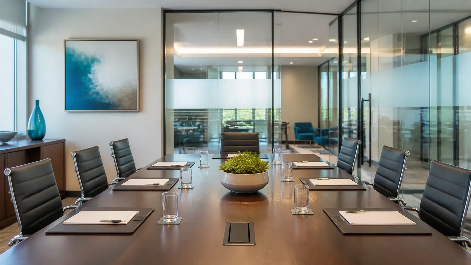 Immaculate corporate executive conference room with polished wood table, clean glass walls, and organized meeting space