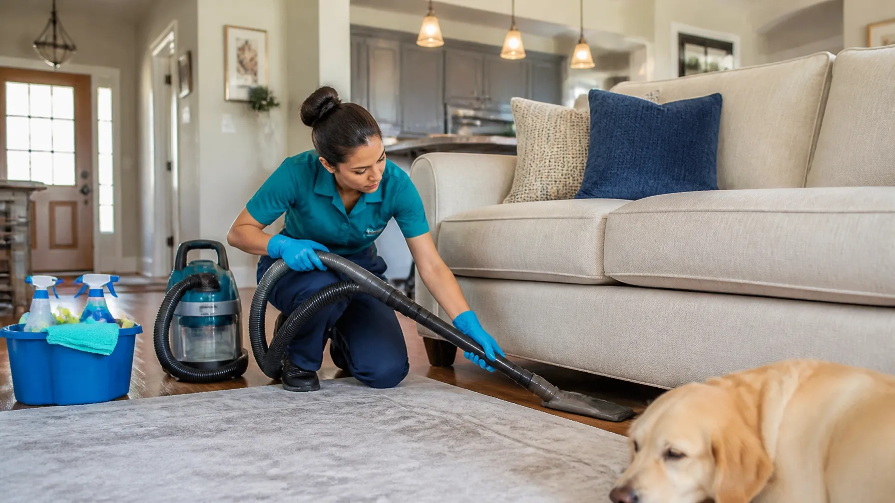 Professional cleaner using a HEPA vacuum near baseboards and under a sofa in a bright family living room