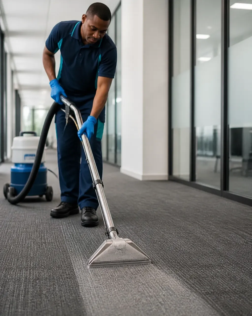 Commercial technician using professional carpet extraction equipment in an office corridor