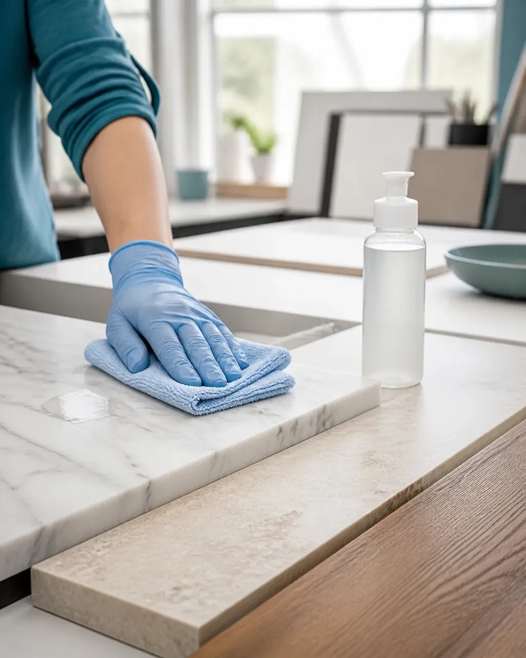 Honed marble, limestone, and hardwood samples being gently cleaned with a microfiber cloth