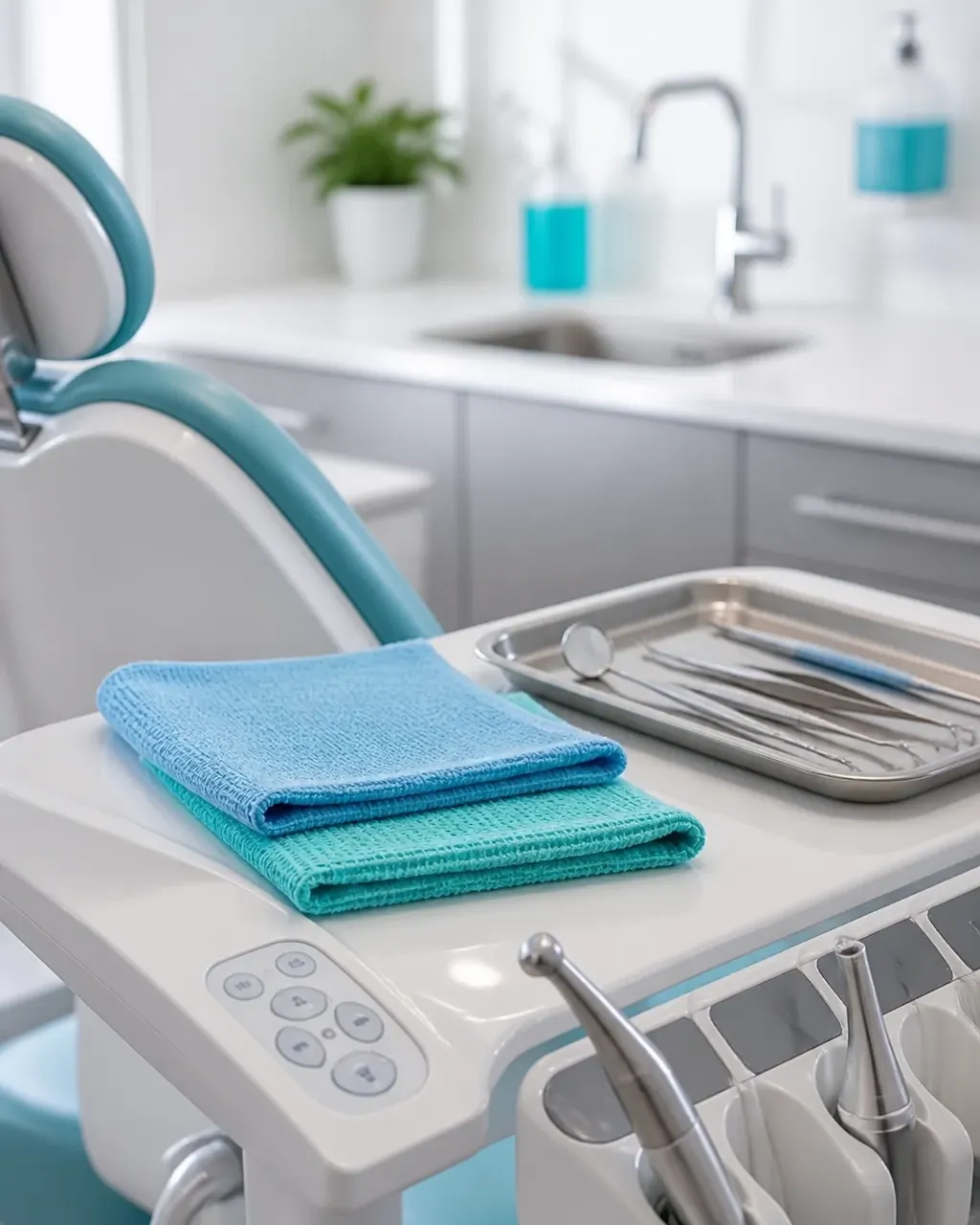 Clean dental operatory with organized supplies and disinfected ground-level touchpoints