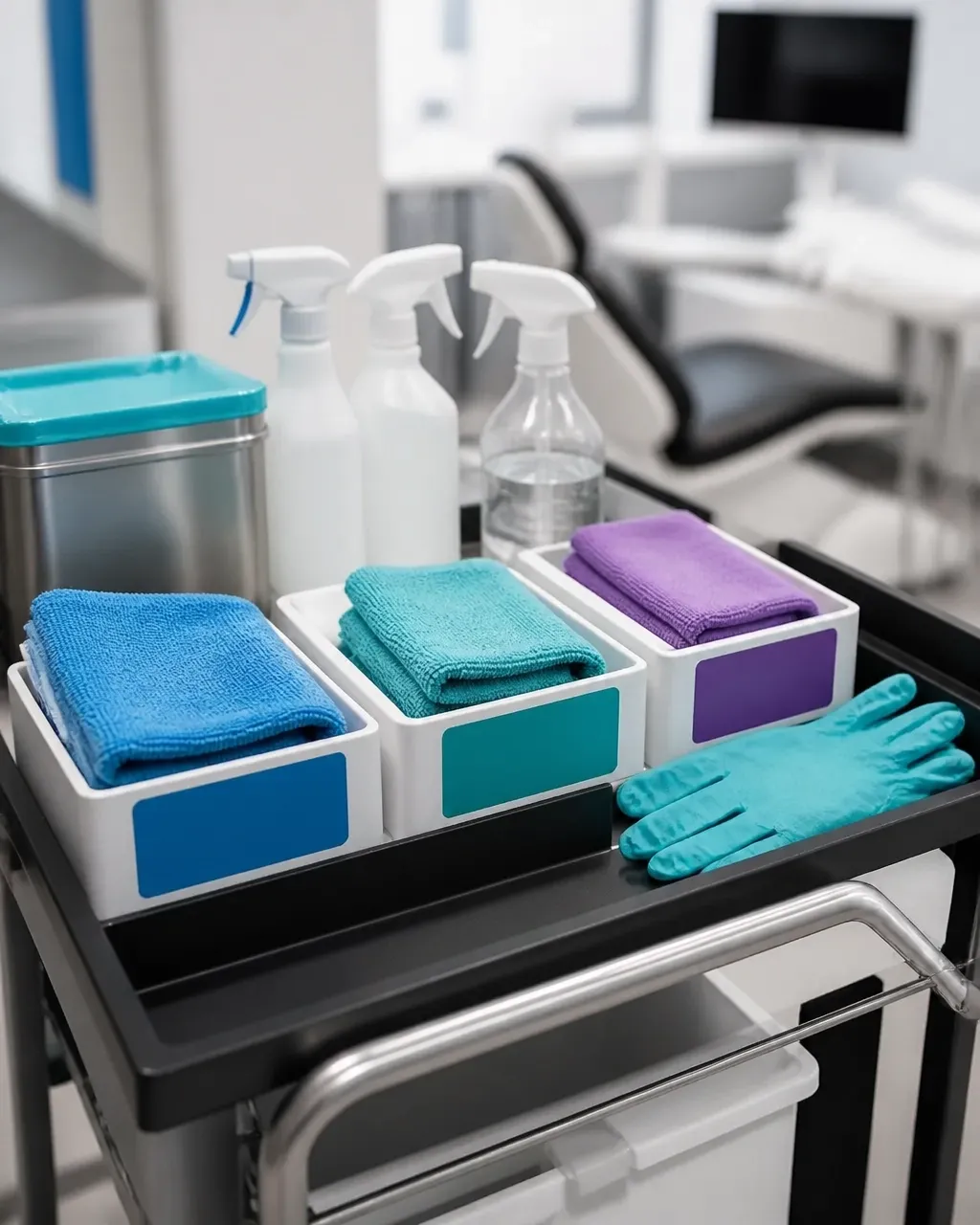 Organized healthcare cleaning cart with separate color-coded microfiber cloths