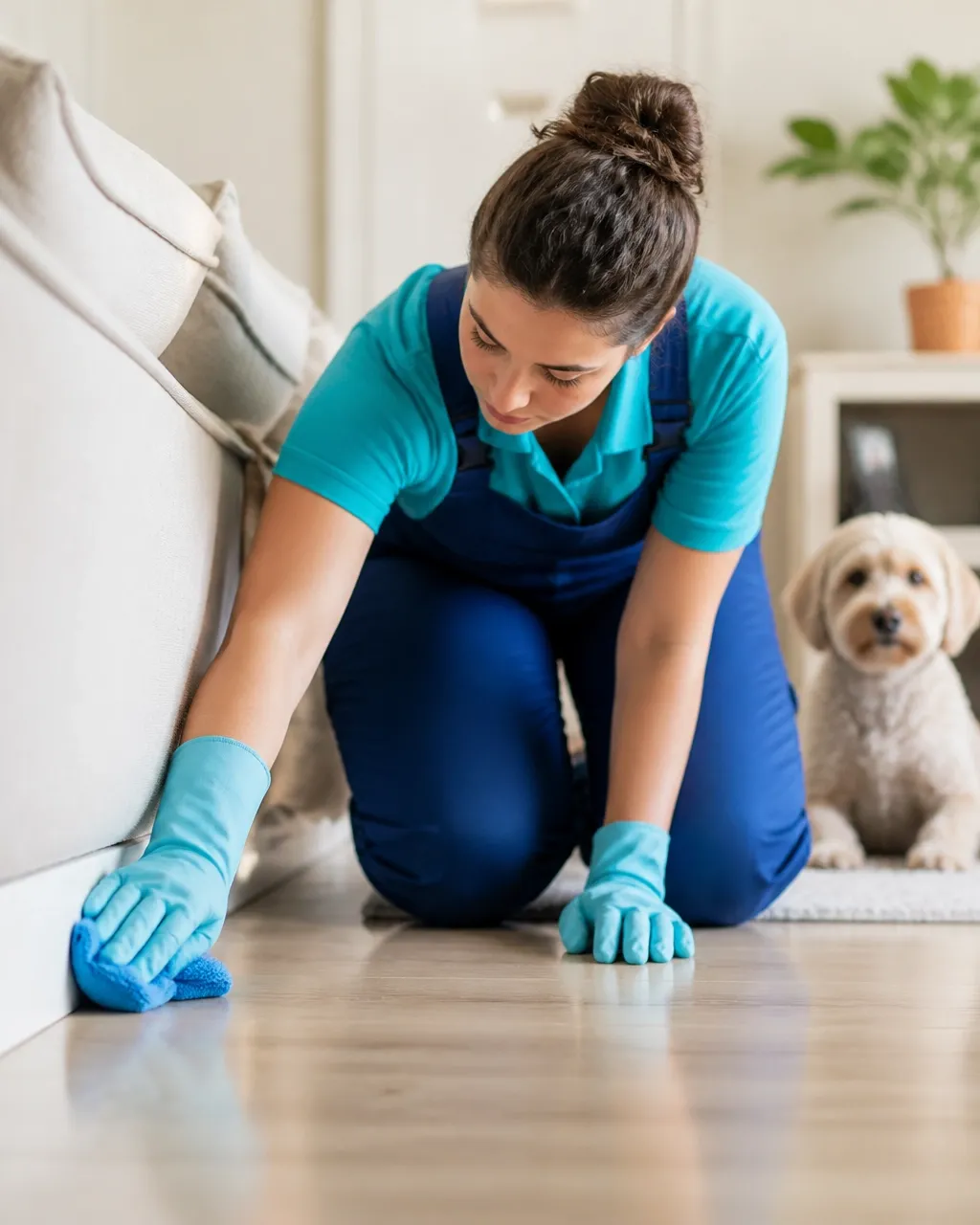 Professional cleaner carefully wiping a low baseboard beside an upholstered sofa in a pet-friendly living room