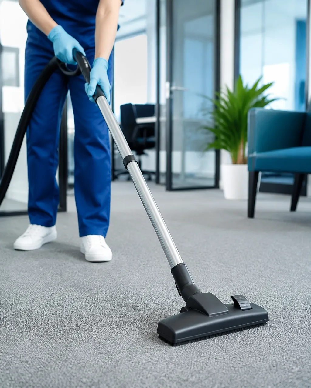Commercial cleaning technician using a HEPA-filter vacuum on office flooring