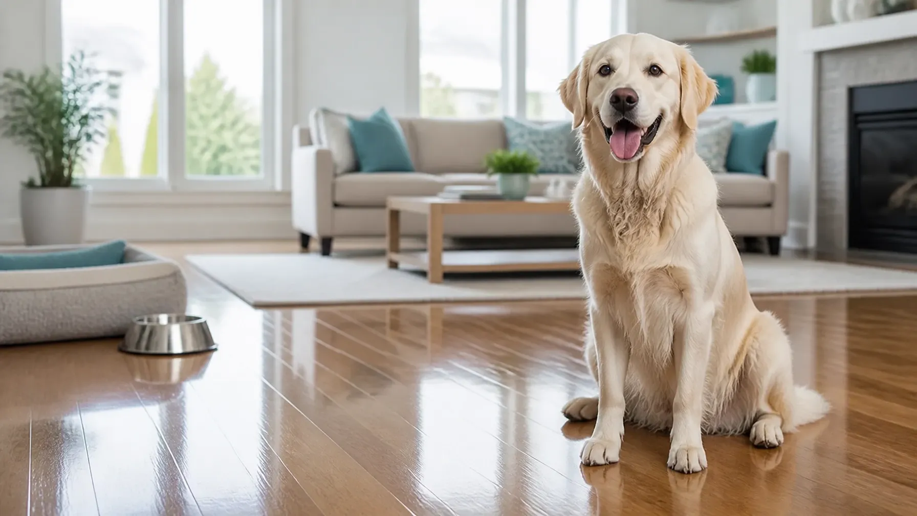 Happy dog sitting on a gleaming hardwood floor in a bright, modern Creve Coeur family home