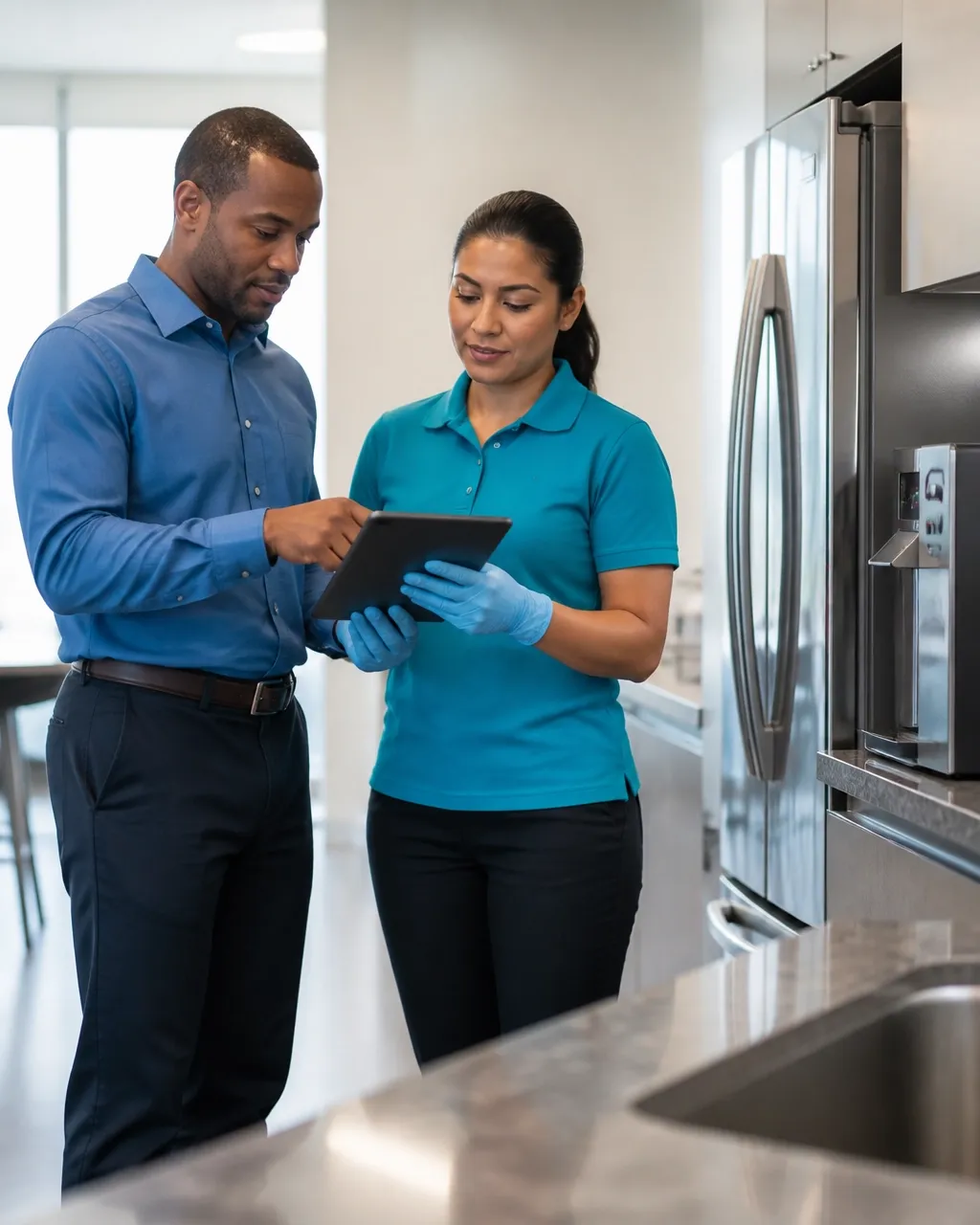 Facility manager reviewing an office maintenance checklist with a cleaning professional