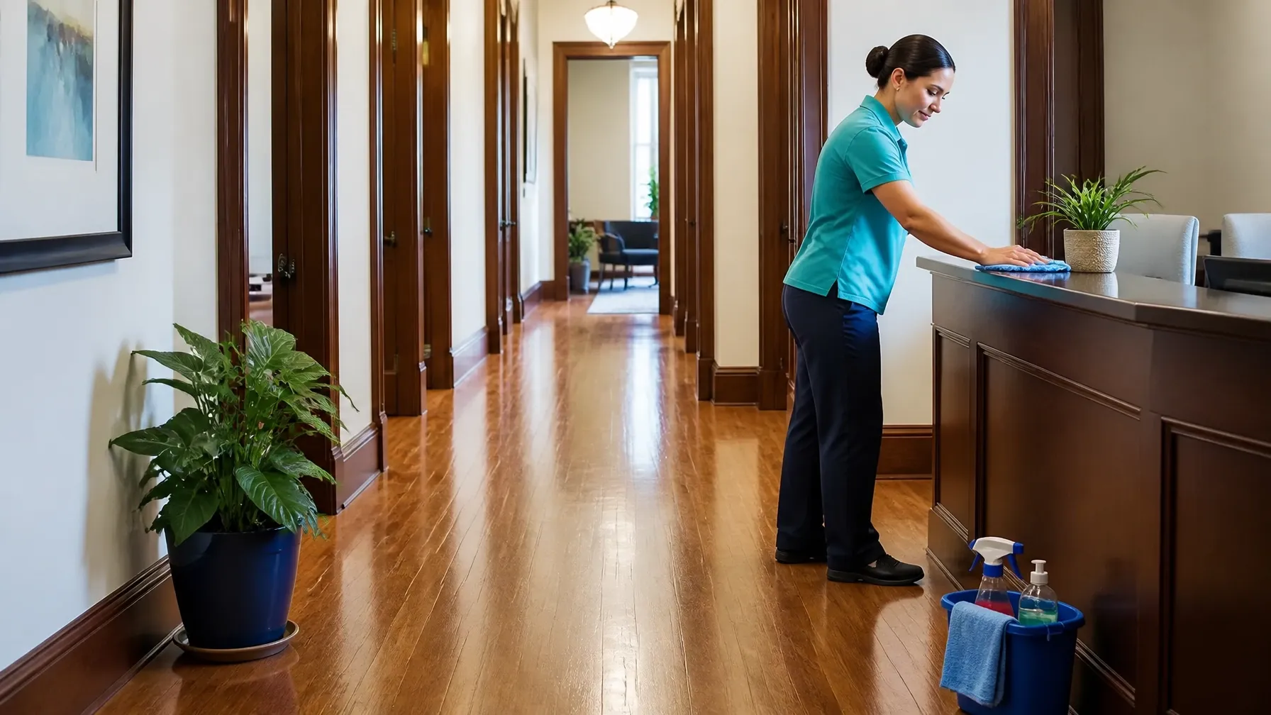 Freshly maintained historic flooring and woodwork in a bright, welcoming interior