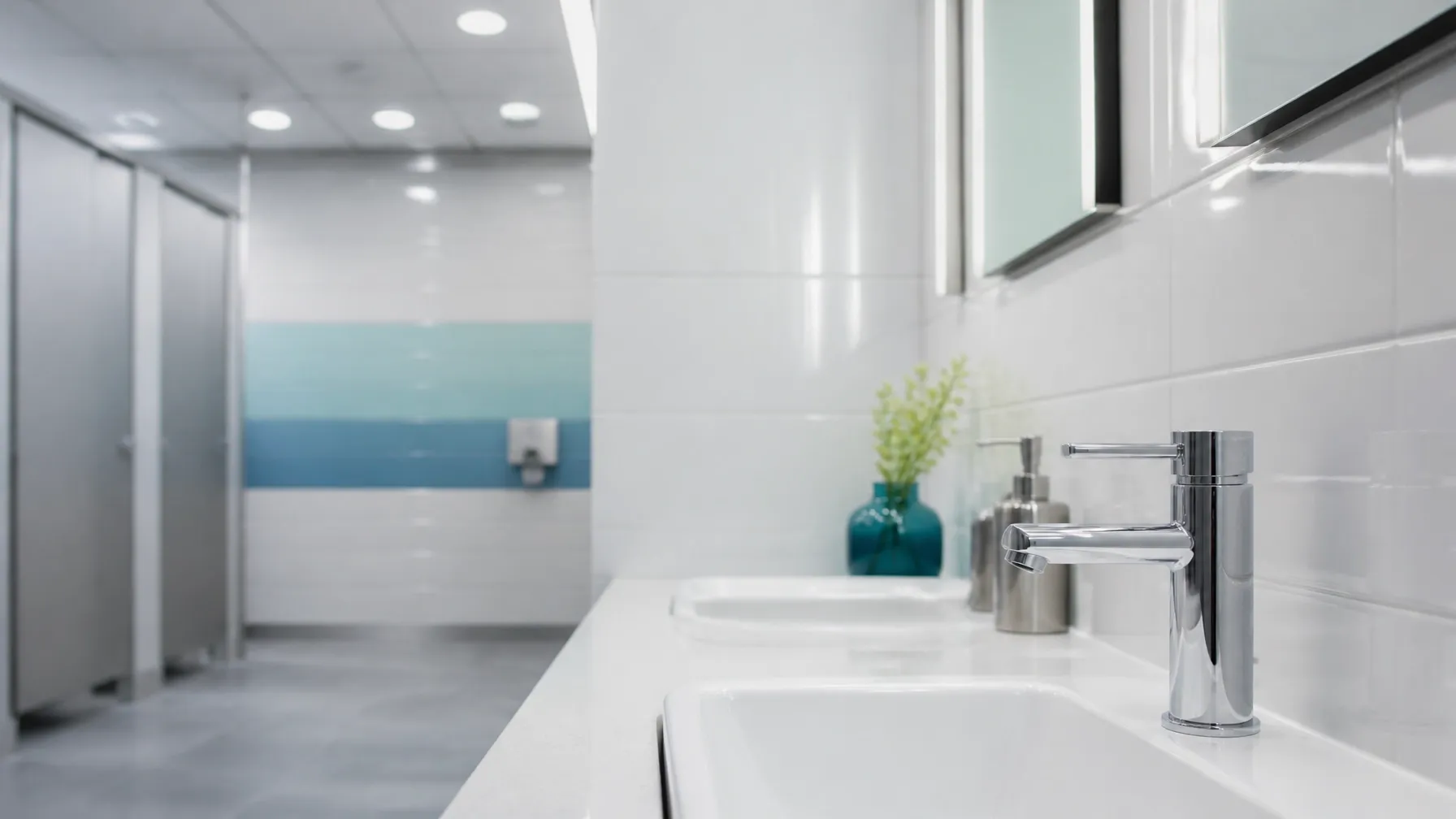 Close-up of spotless scrubbed tile and a gleaming chrome faucet after a professional deep clean