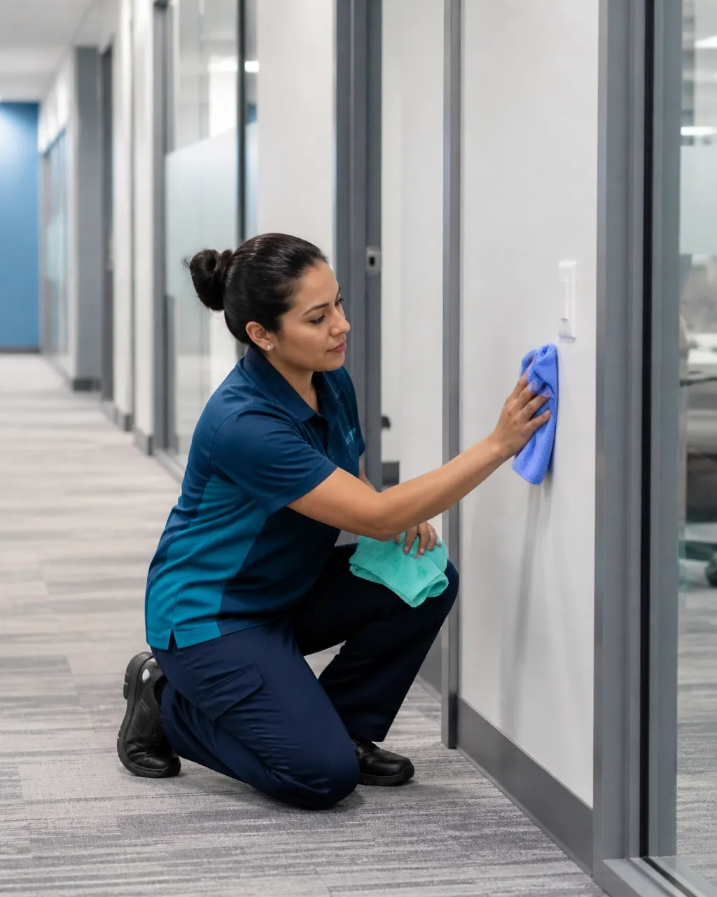 Cleaning technician hand-wiping ground-level baseboards and door frames with a microfiber cloth