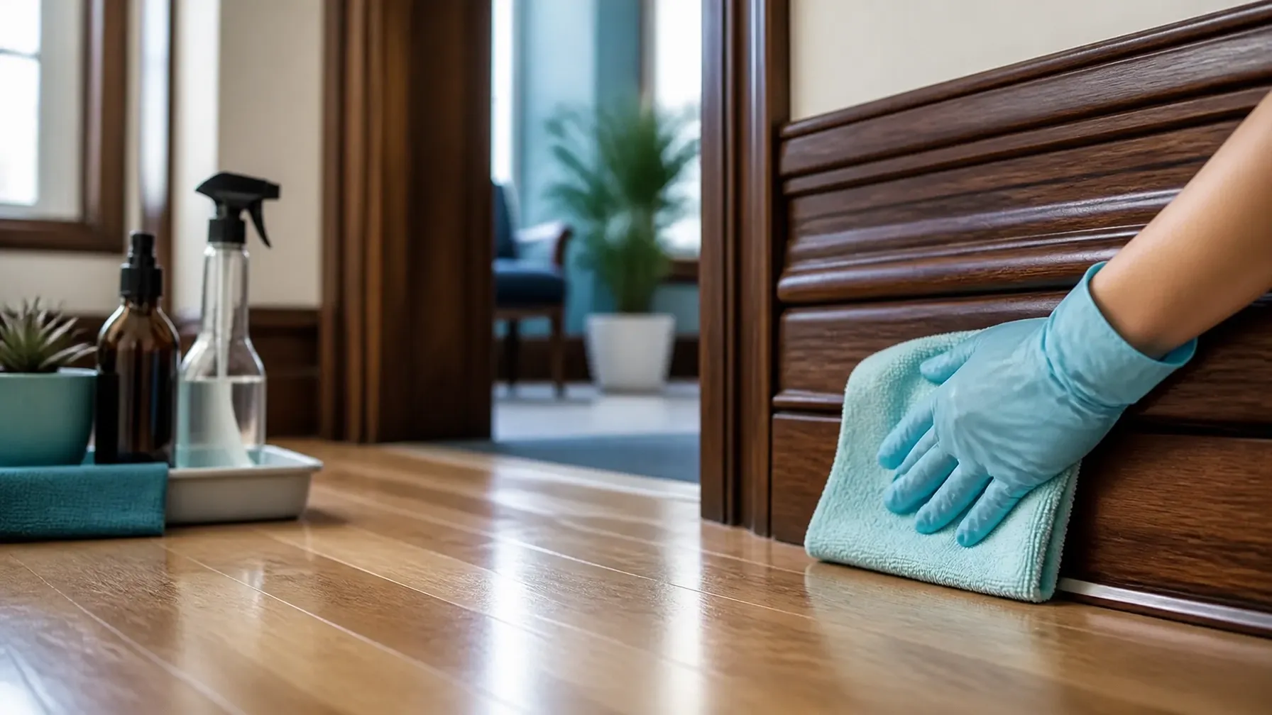 Historic woodwork and original hardwood flooring being gently cleaned with an eco-friendly microfiber cloth