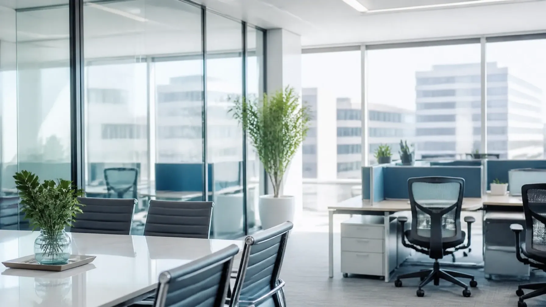Sleek corporate executive office suite in Clayton, Missouri with polished tables, clean glass partitions, and bright natural light