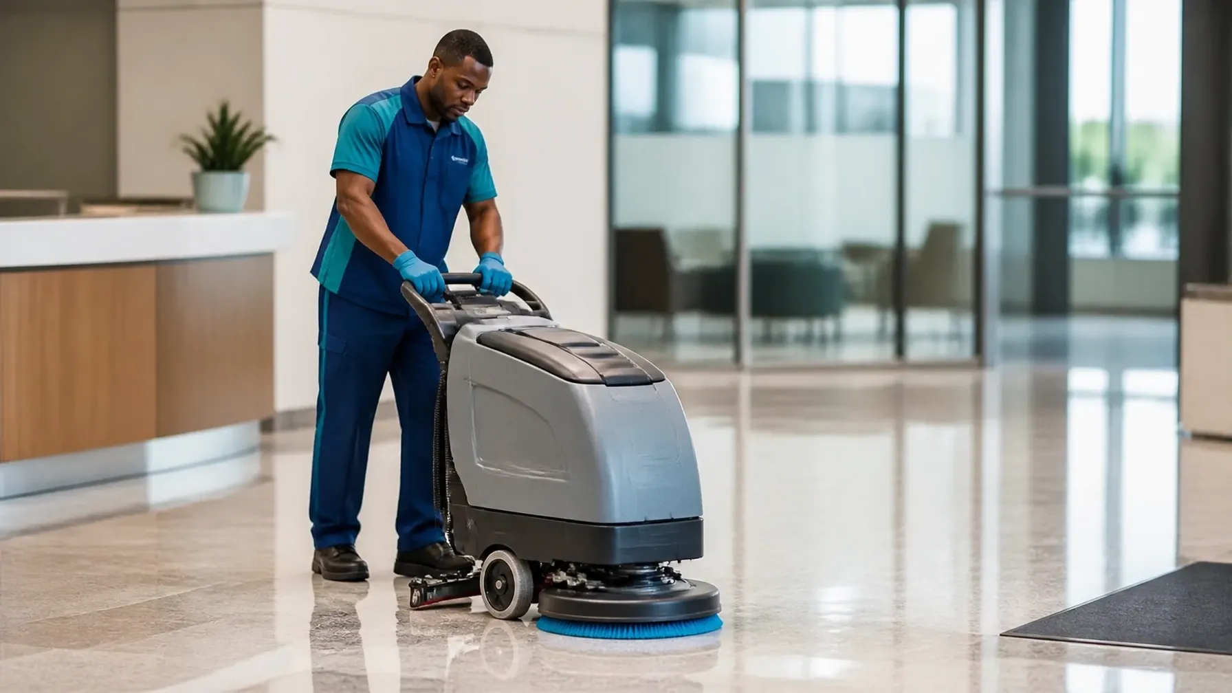 Professional janitorial technician operating a floor scrubber in a clean commercial office lobby