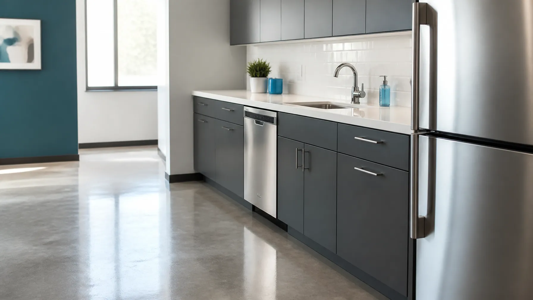 Sparkling clean commercial tenant kitchenette with stainless steel appliances and freshly mopped flooring