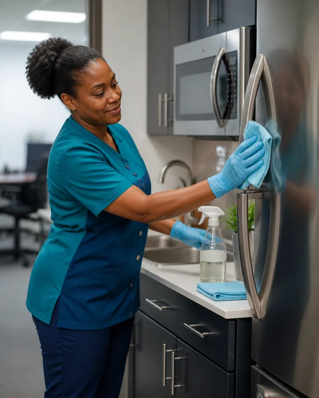Professional cleaner wiping a stainless steel appliance in a bright commercial-style kitchenette