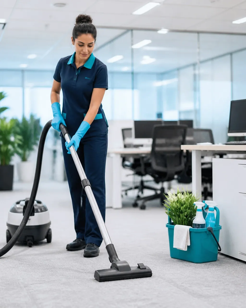 Professional cleaner using a HEPA vacuum on carpet in a bright open-plan office