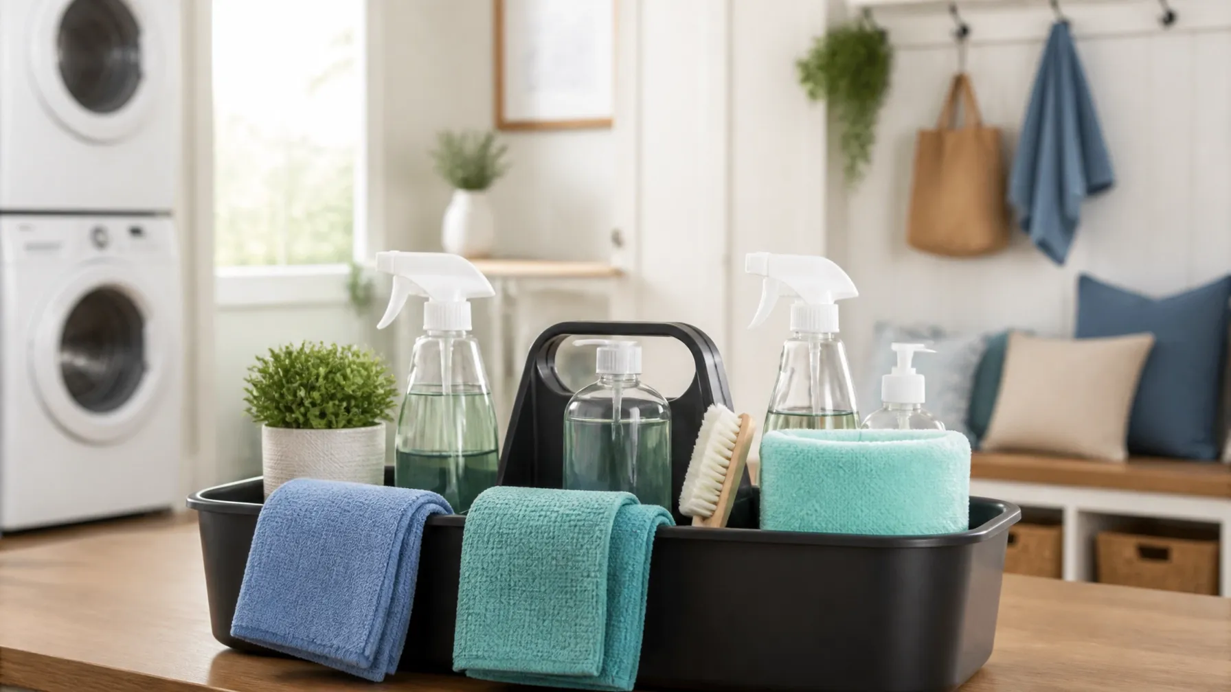Eco-friendly pet-safe cleaning products and blue microfiber cloths organized in a bright family home setting