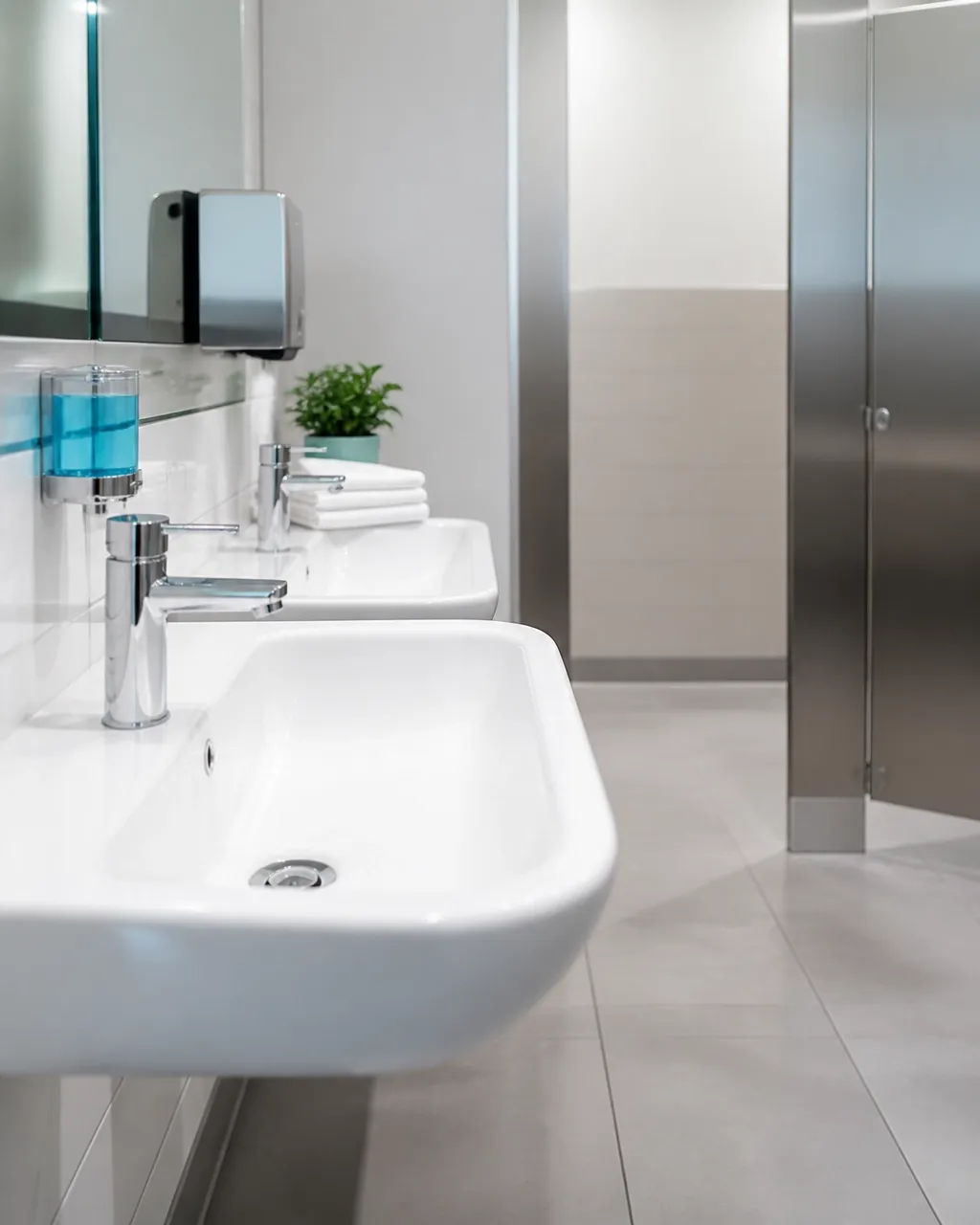 Freshly sanitized commercial restroom with polished fixtures, clean grout, and spotless ground-level surfaces