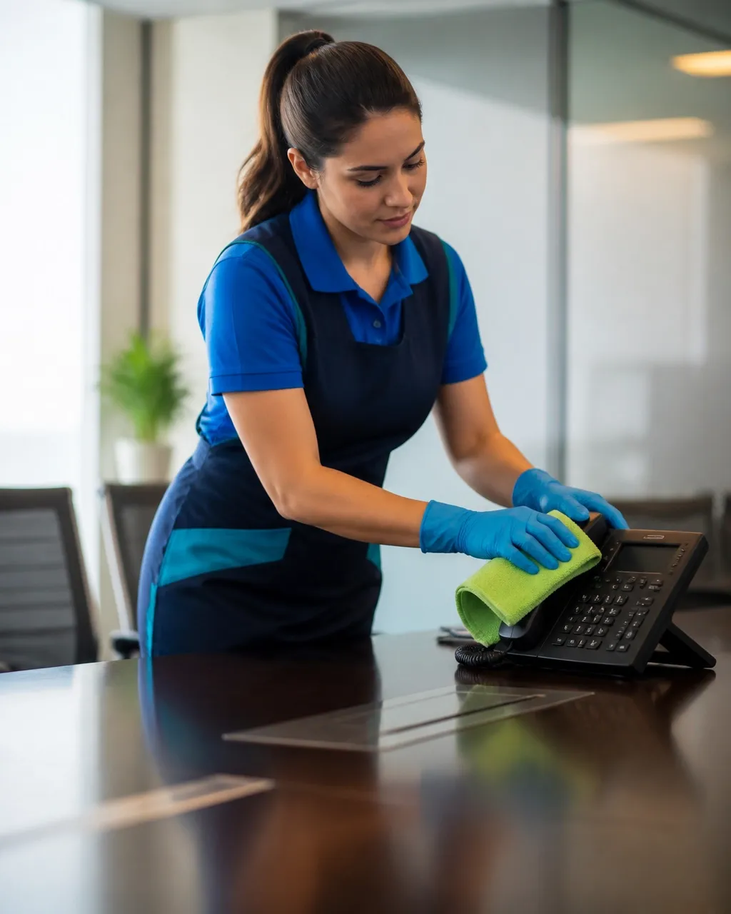 Professional cleaner wiping a conference room phone and tabletop in a modern office