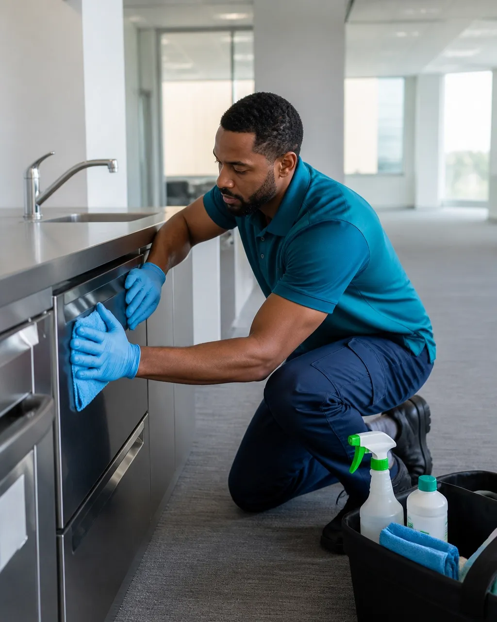 Cleaning technician wiping stainless steel appliances and cabinet fronts in a prepared commercial tenant suite