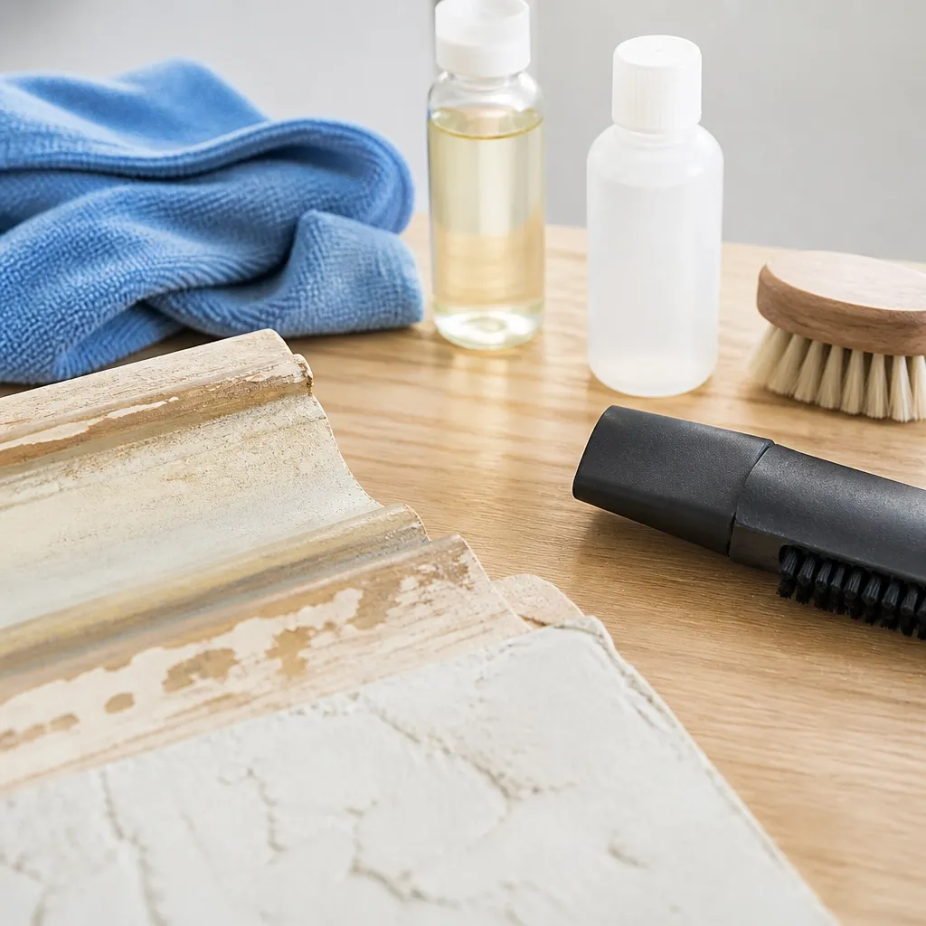 Eco-friendly cleaning tools and gentle plant-derived supplies beside historic wood and plaster materials