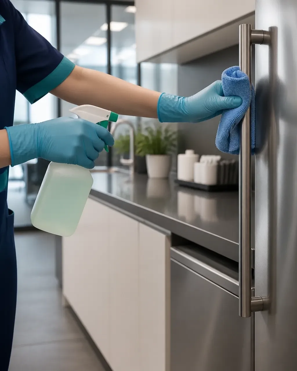Janitorial technician sanitizing a shared commercial breakroom touchpoint