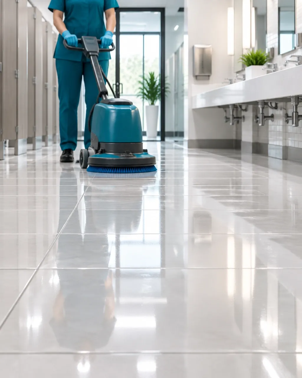 Spotless commercial restroom with freshly maintained tile and grout