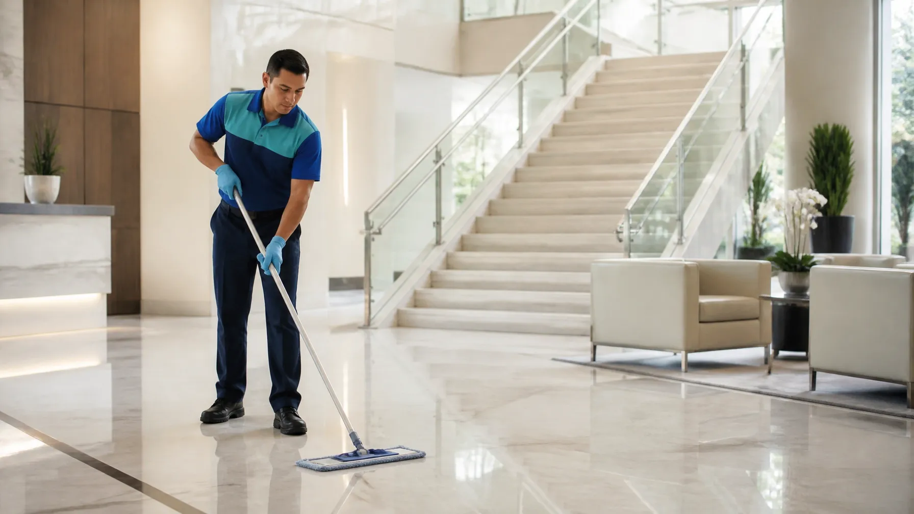 Professional cleaner maintaining polished marble flooring in a refined commercial lobby near Town and Country
