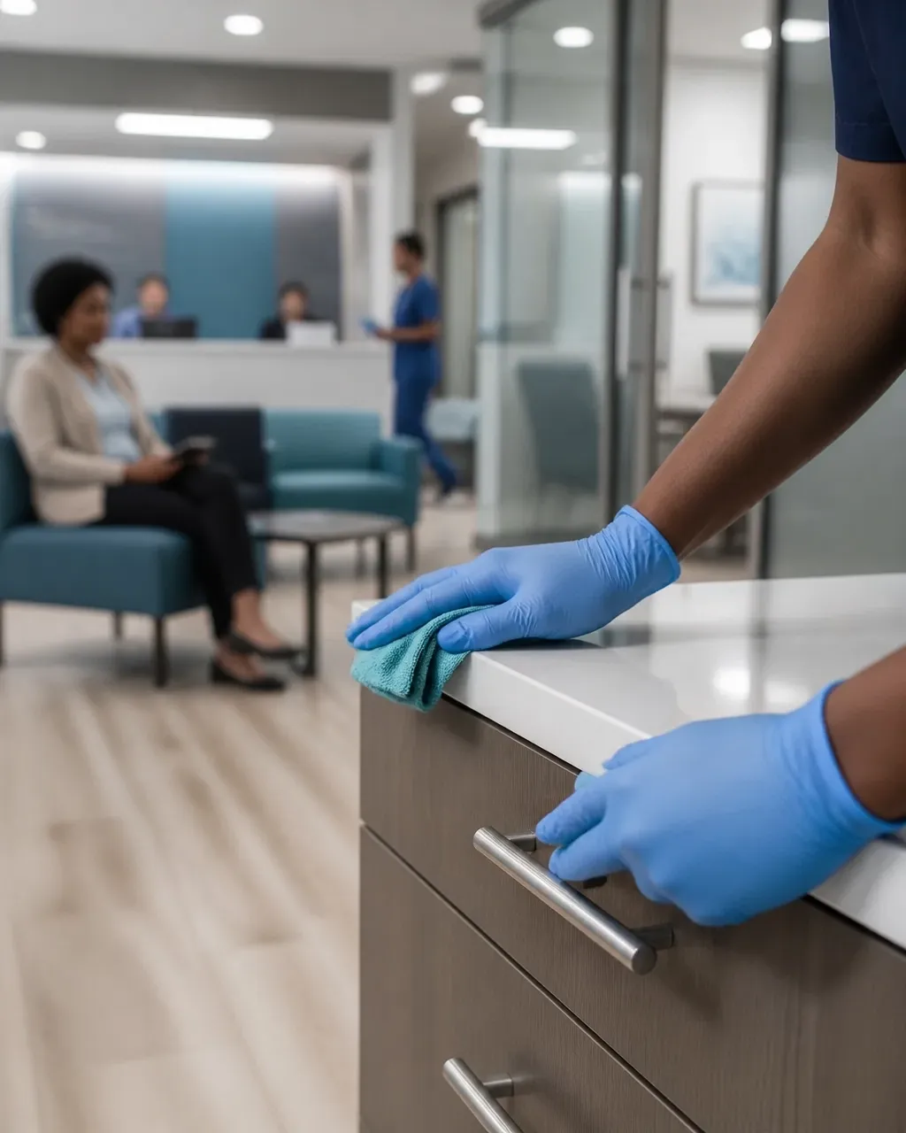 Cleaning technician disinfecting a ground-level exam room touchpoint in a medical office