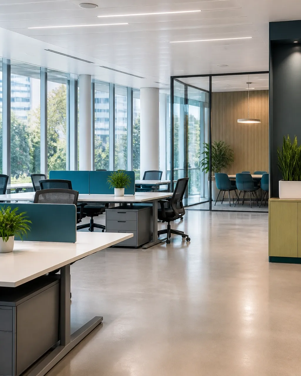 Clean organized modern office workspace with tidy desks and floors