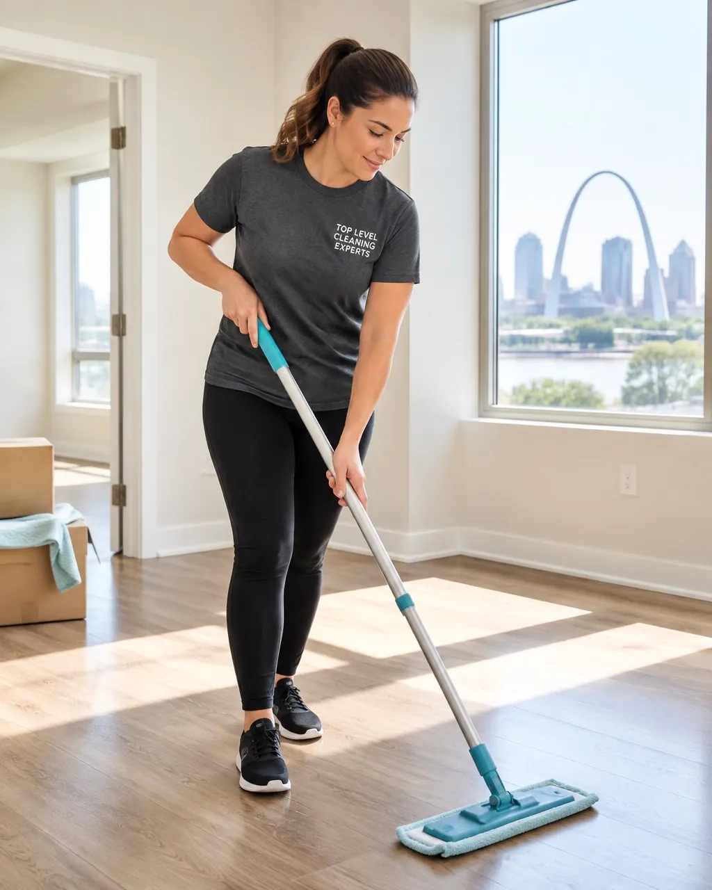 Professional woman cleaner mopping a bright vacant apartment prepared for a new tenant