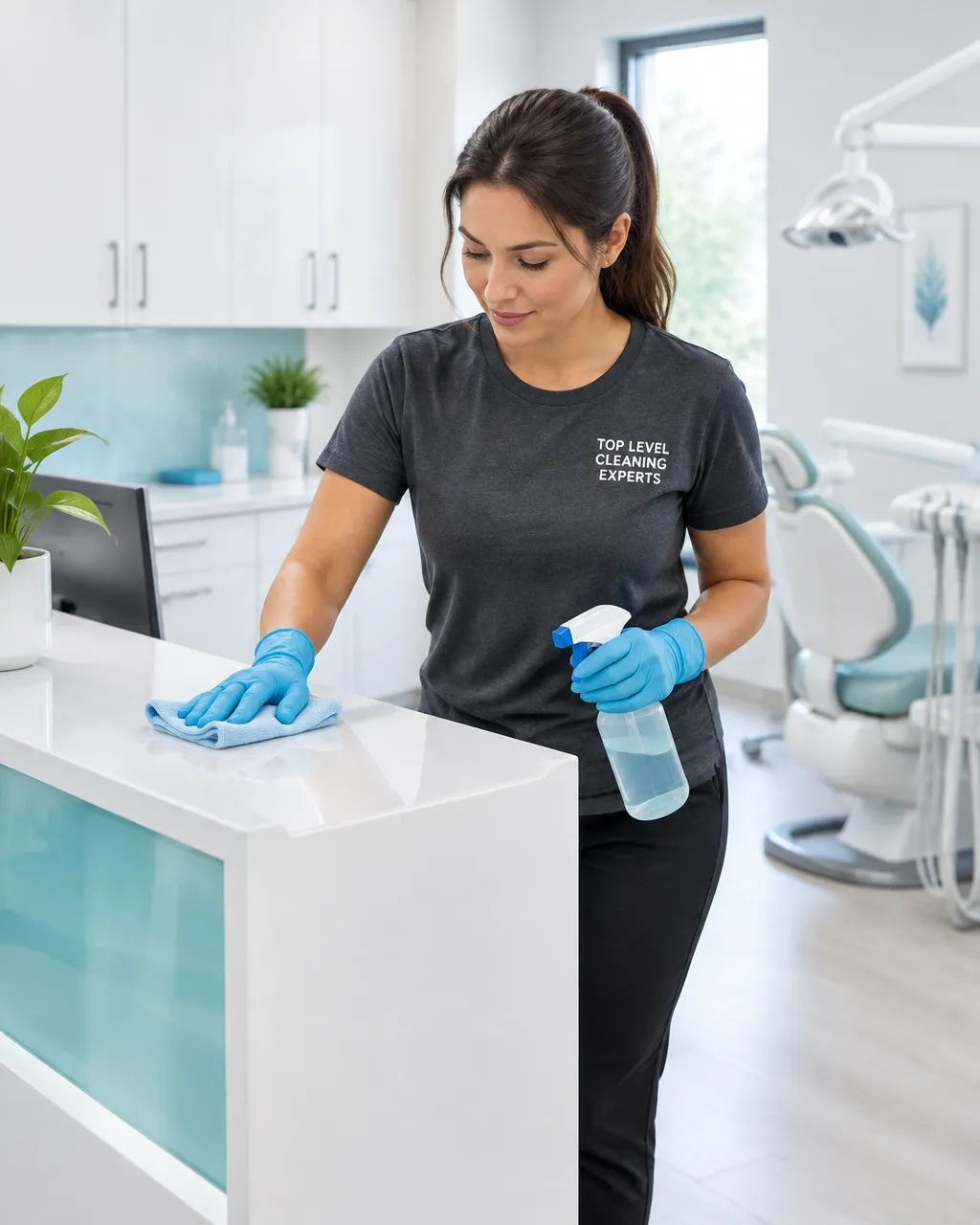 Professional woman cleaner sanitizing a counter in a bright dental treatment room