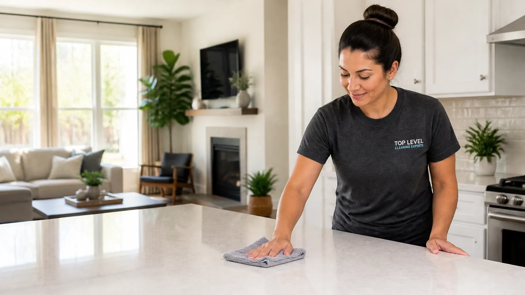 Top Level Cleaning Experts team member wiping a bright kitchen island