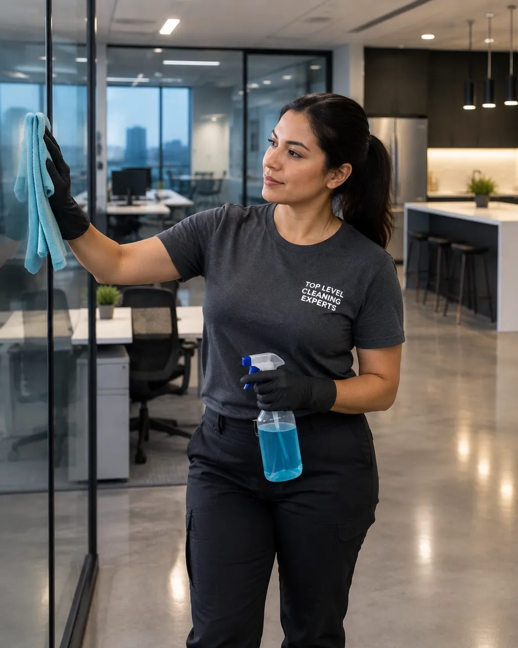 Professional woman cleaner wiping glass partitions in a modern office after hours